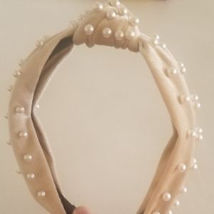Creme colored velvet headband with pearls